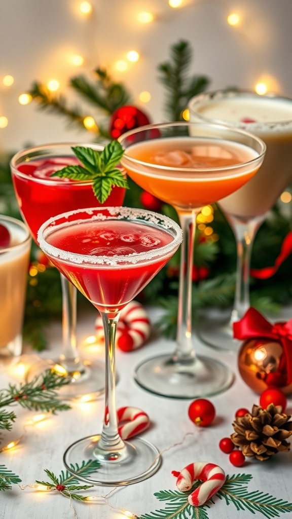 Festive Christmas Cocktails Recipe A variety of Christmas cocktails including cranberry, peppermint, and eggnog on a festive table.